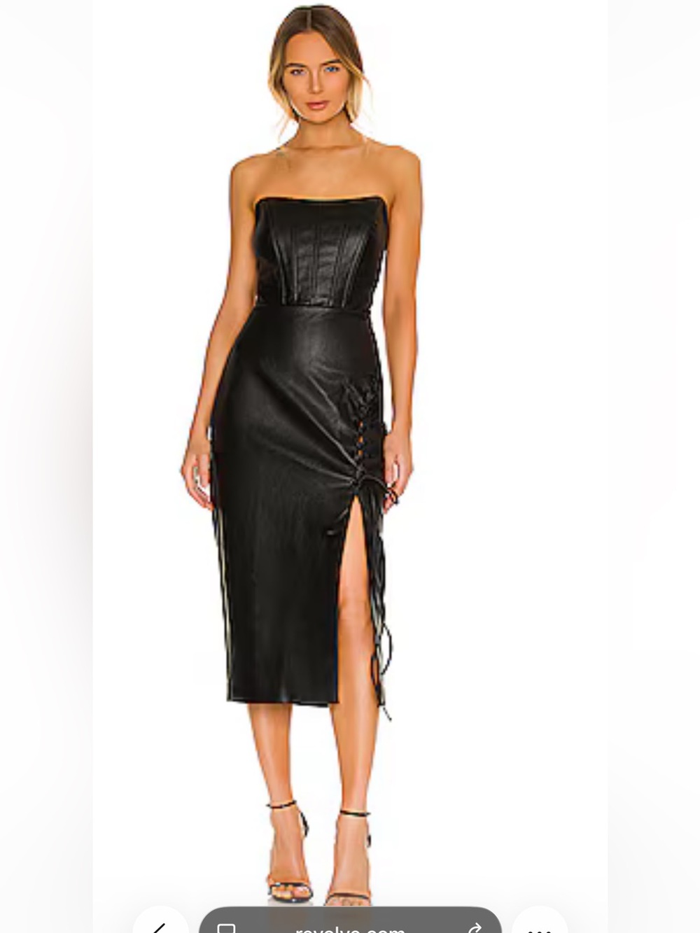 Strapless Black Faux Leather Midi Dress with Side Lace-Up